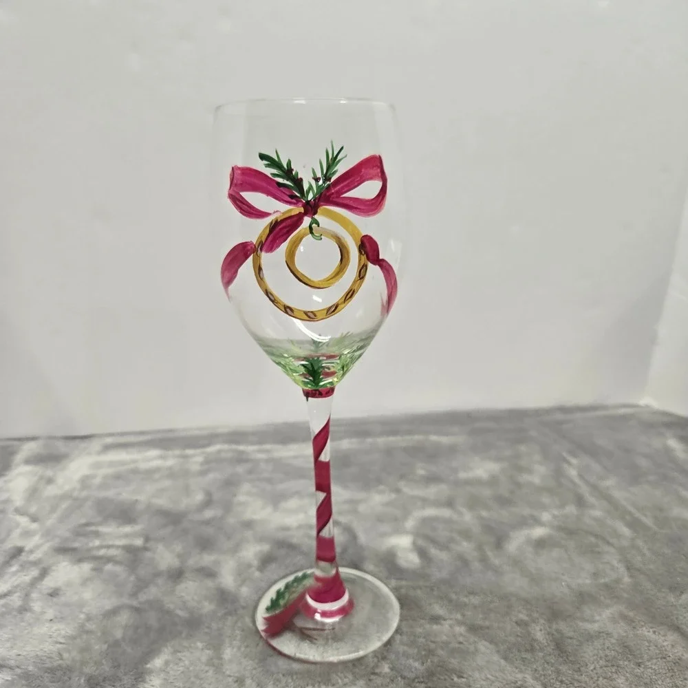 Hand Painted Christmas Wine Glass Holiday Rings Red Bow Candy Cane Stem 9 inch